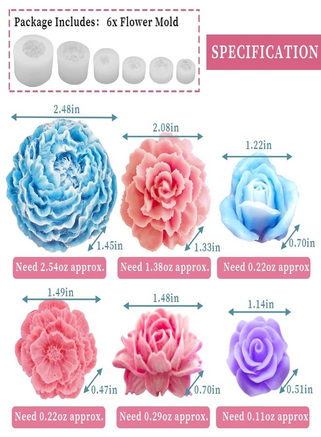 فياس مجموعة قوالب سيليكون على شكل زهور مكونة من 6 قطع، عجينة سكر ثلاثية الأبعاد على شكل وردة وفاوانيا لتزيين كعكة الشوكولاتة، طقم صنع شموع الصابون، راتنج إيبوكسي، طين بوليمر للصب، هدية حرفية - Image 2
